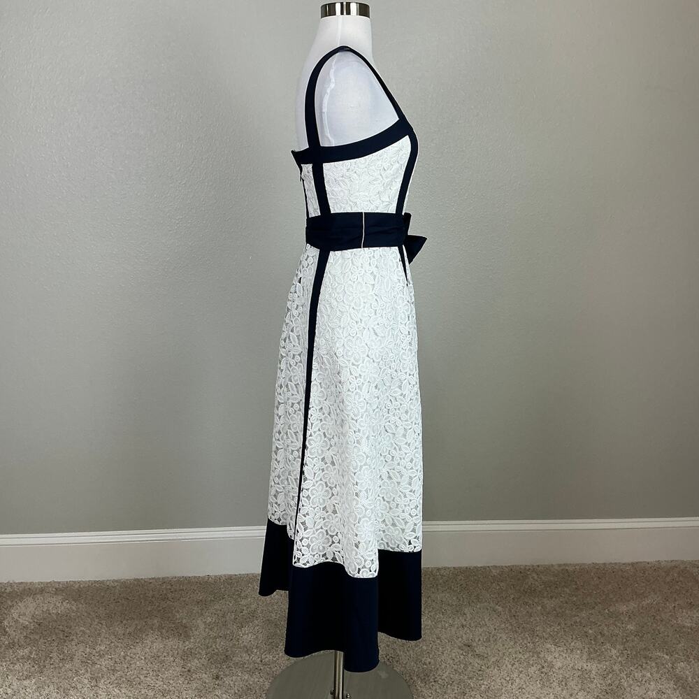 Badgley Mischka Lace Fit and Flare Midi Cocktail Dress Blue and White Size 0 - Picture 4 of 12